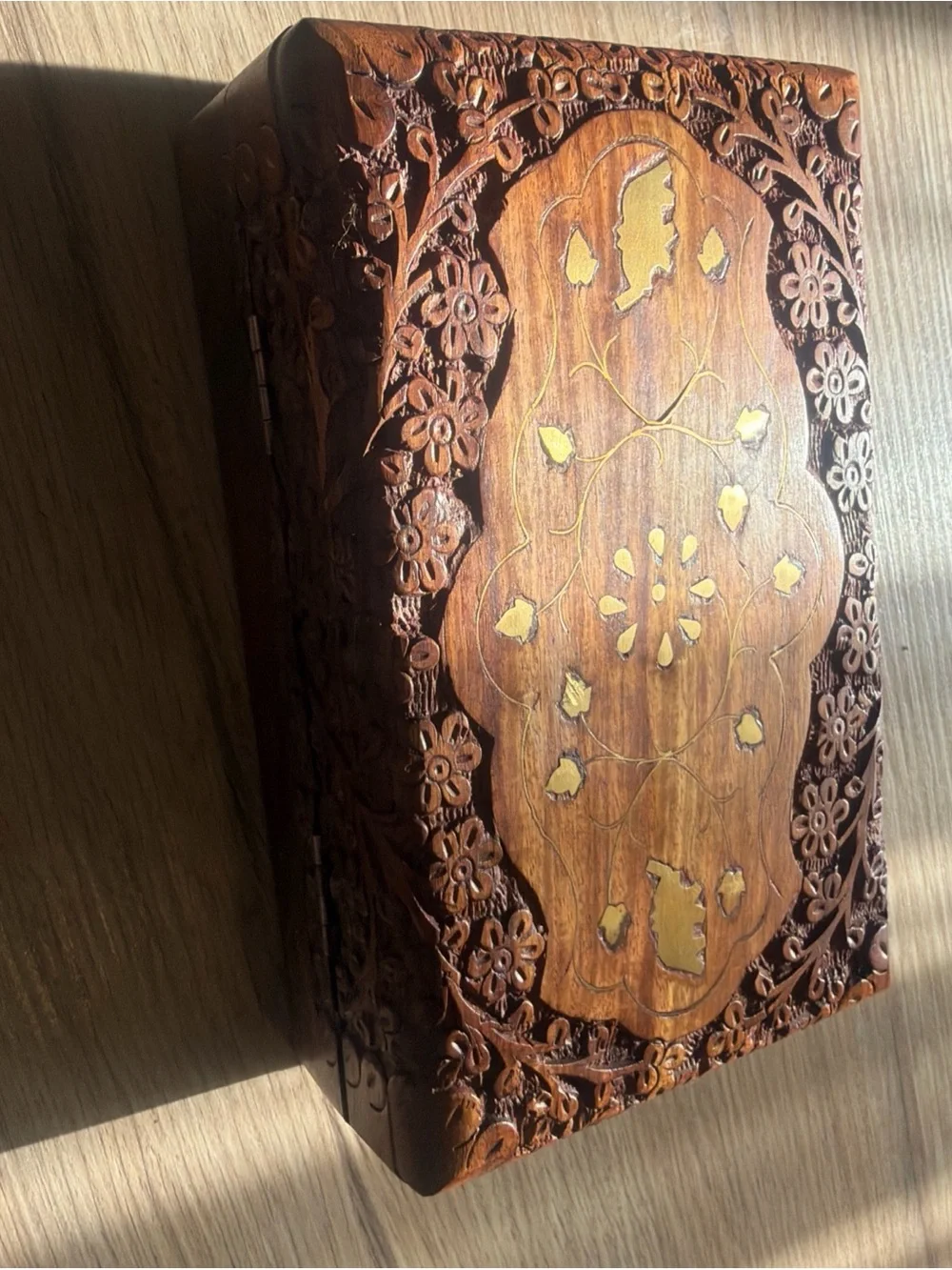 Hand-Carved Wooden Jewelry Box with Inlay